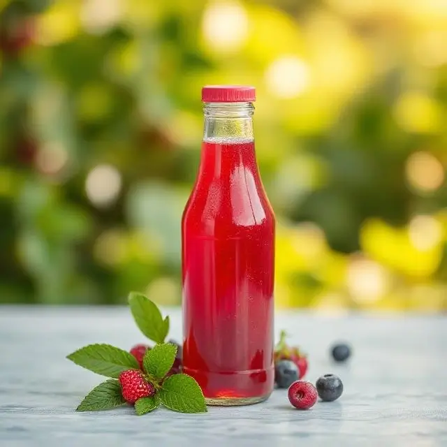 Crimson Berry juice bottle against a rich background