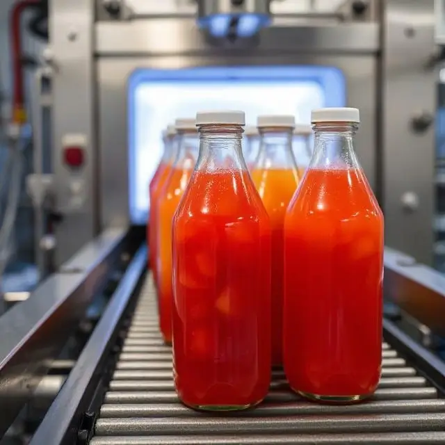 A bottle of juice on a conveyor entering the flash freezer