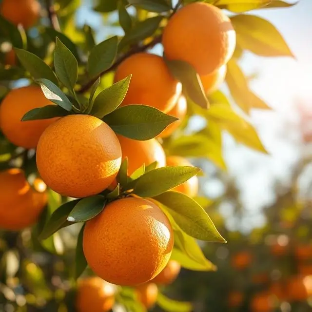 Oranges on a tree, glistening in the sun