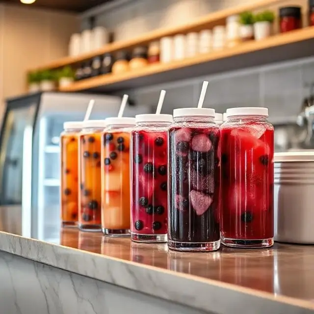 A modern cafe counter featuring Frozen Berry juices in a display fridge