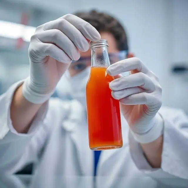 A lab technician inspecting a bottle of juice