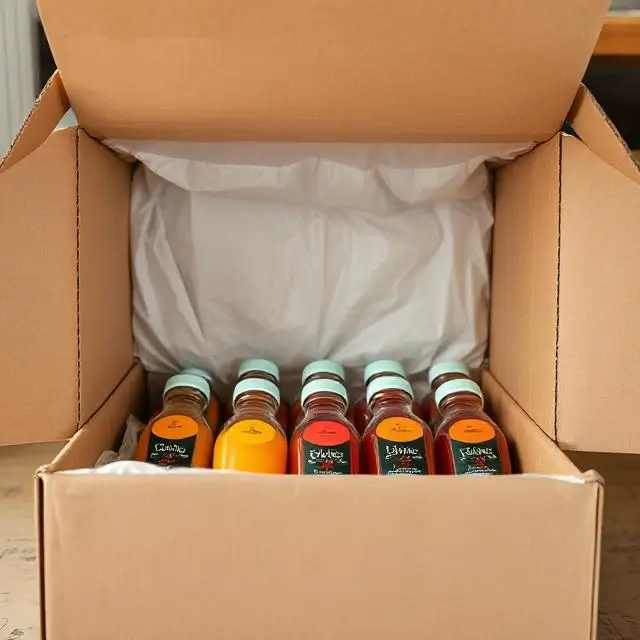 An open shipping box showing the insulated liner and packed juices
