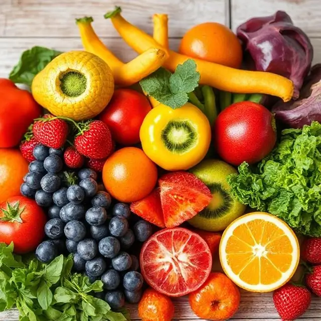 Vibrant, fresh fruits and vegetables before being juiced