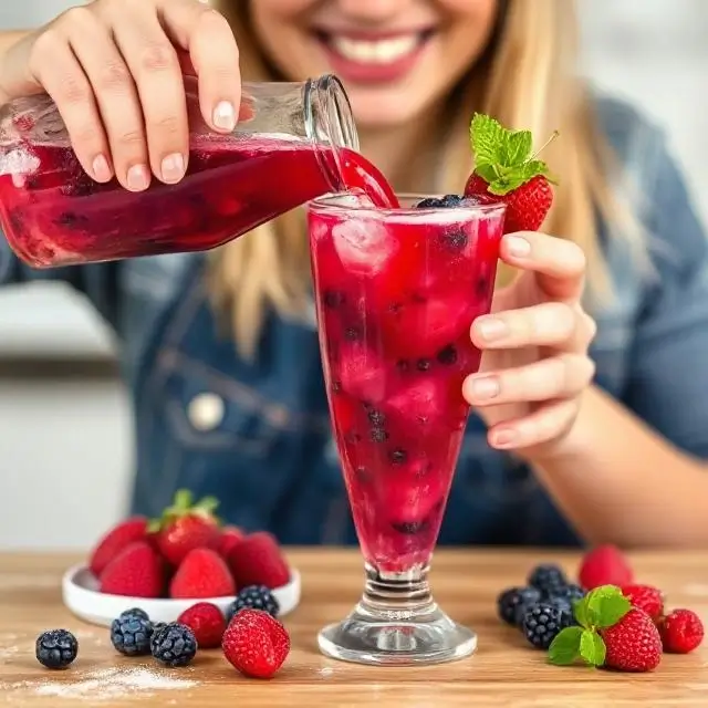 A happy person pouring a vibrant glass of thawed Frozen Berry juice