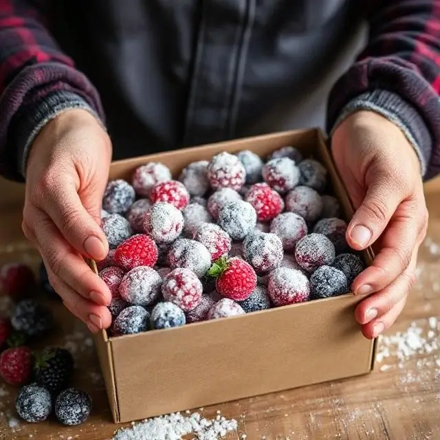 Hands carefully packing a Frozen Berry box