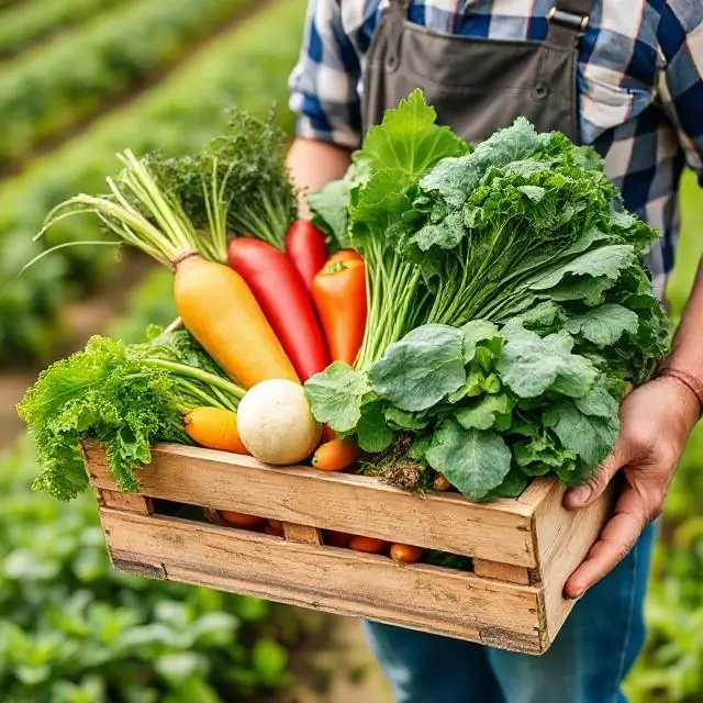 A farmer holding a crate of freshly picked organic vegetables