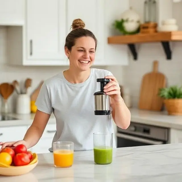 A happy customer enjoying a juice in their kitchen