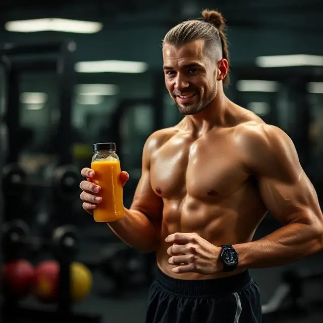 A fitness enthusiast with a bottle of juice at the gym