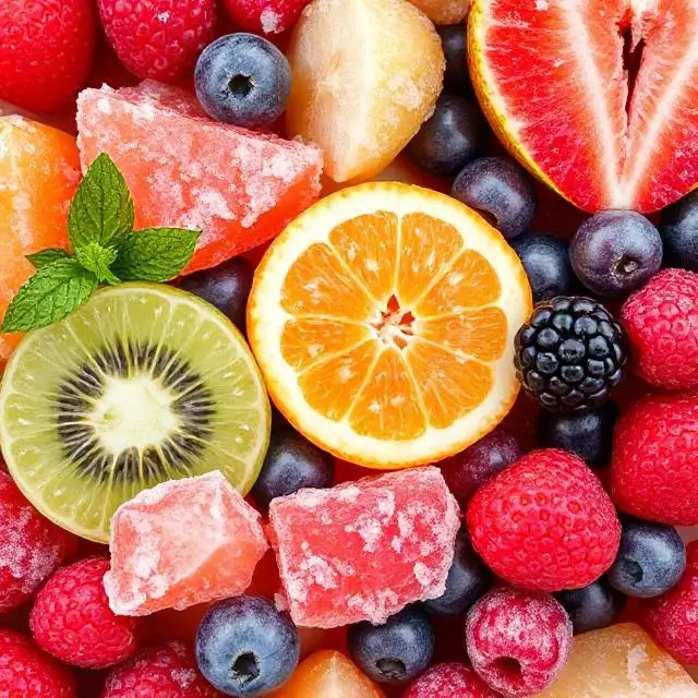 A collection of vibrant frozen fruits and berries with an icy texture